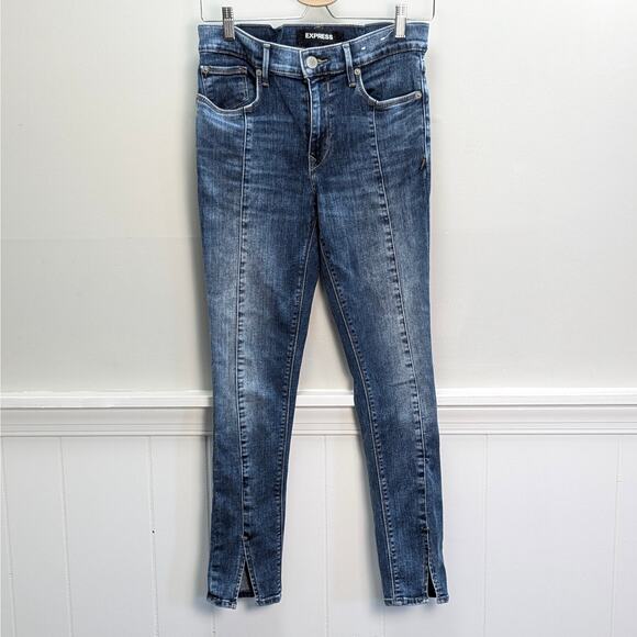 Express Skinny Ankle Jeans with Mid Rise Center Seam Slit Hem Medium Wash Size 6 - Picture 1 of 16